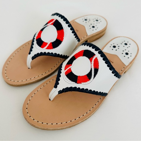 New Jack Rogers White & Midnight Life Preserver Embroidered Leather Sandal Flats - Picture 4 of 5